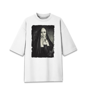 Женская Хлопковая футболка оверсайз Монашка с сигаретой
