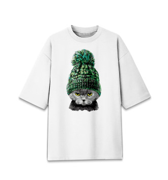 Мужская Хлопковая футболка оверсайз Крутой котяра в зимней шапке