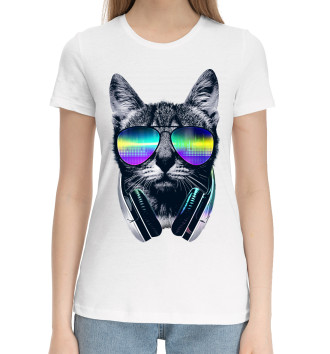 Женская Хлопковая футболка Кот с наушниками