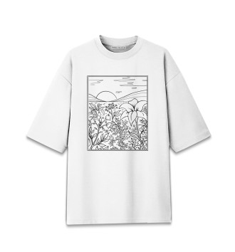 Женская Хлопковая футболка оверсайз Пейзаж в стиле Line Art