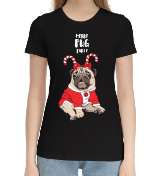 Женская Хлопковая футболка Merry pug party