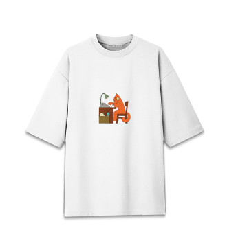 Хлопковая футболка оверсайз Кот с пишущей машинкой