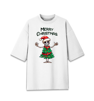 Женская Хлопковая футболка оверсайз Merry Christmas skeleton