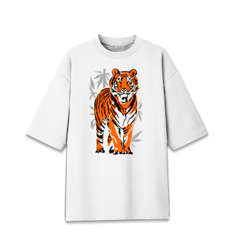 Женская Хлопковая футболка оверсайз Тигр в джунглях.