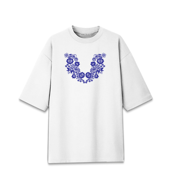 Женская Хлопковая футболка оверсайз Синий славянский узор