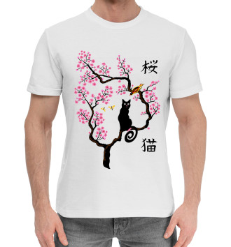 Хлопковая футболка Кошка и птица на сакуре