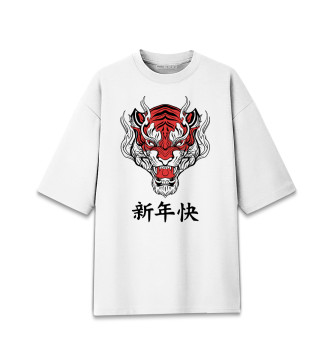 Женская Хлопковая футболка оверсайз Красный тигр - дракон