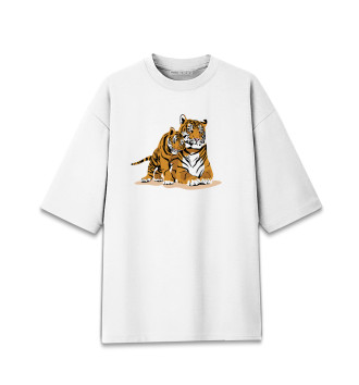 Женская Хлопковая футболка оверсайз Тигрица с игривым тигрёнком
