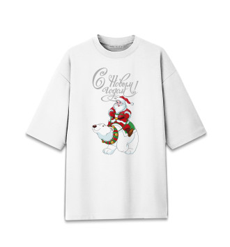 Хлопковая футболка оверсайз Санта на белом медведе