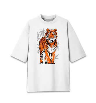 Мужская Хлопковая футболка оверсайз Тигр в джунглях.