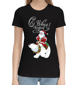 Женская Хлопковая футболка Санта на белом медведе
