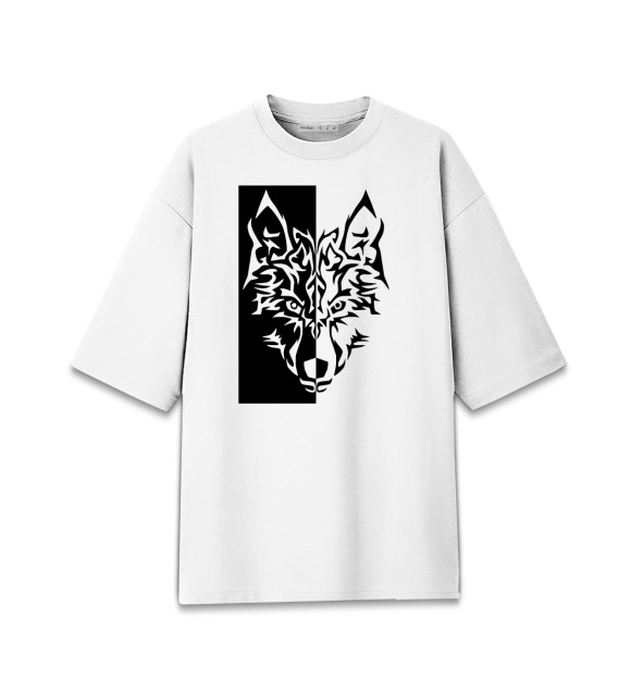 Мужская Хлопковая футболка оверсайз Волк (чёрно-белый)