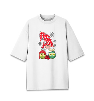 Женская Хлопковая футболка оверсайз Новогодние совушки и гном