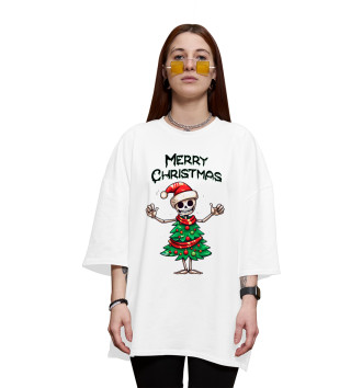 Женская Хлопковая футболка оверсайз Merry Christmas skeleton