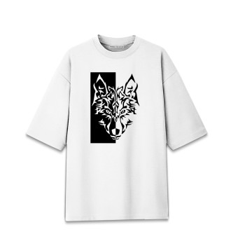 Женская Хлопковая футболка оверсайз Волк (чёрно-белый)