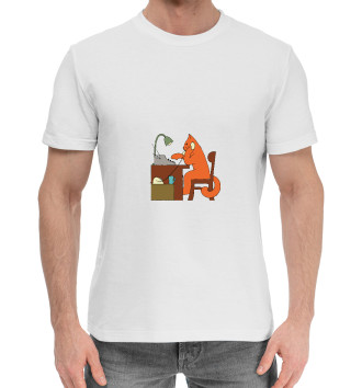 Мужская Хлопковая футболка Кот с пишущей машинкой