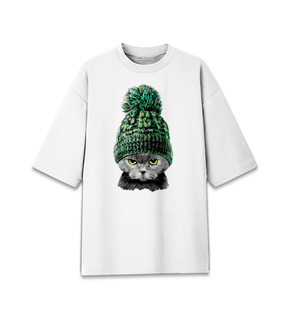 Мужская Хлопковая футболка оверсайз Крутой котяра в зимней шапке