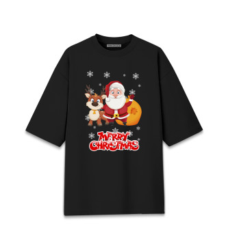 Хлопковая футболка оверсайз Санта с оленем