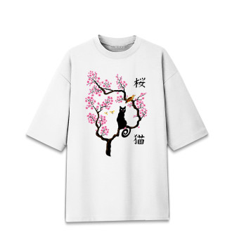 Хлопковая футболка оверсайз Кошка и птица на сакуре