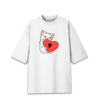 Мужская Хлопковая футболка оверсайз Киса с сердечком