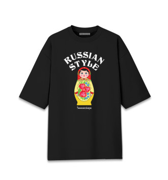 Женская Хлопковая футболка оверсайз Семеновская матрешка
