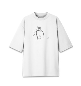 Мужская Хлопковая футболка оверсайз Кот с пальцем в верх