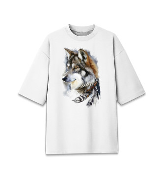 Мужская Хлопковая футболка оверсайз Волк с пером