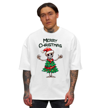 Мужская Хлопковая футболка оверсайз Merry Christmas skeleton