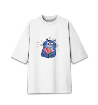 Женская Хлопковая футболка оверсайз Кот с цветами